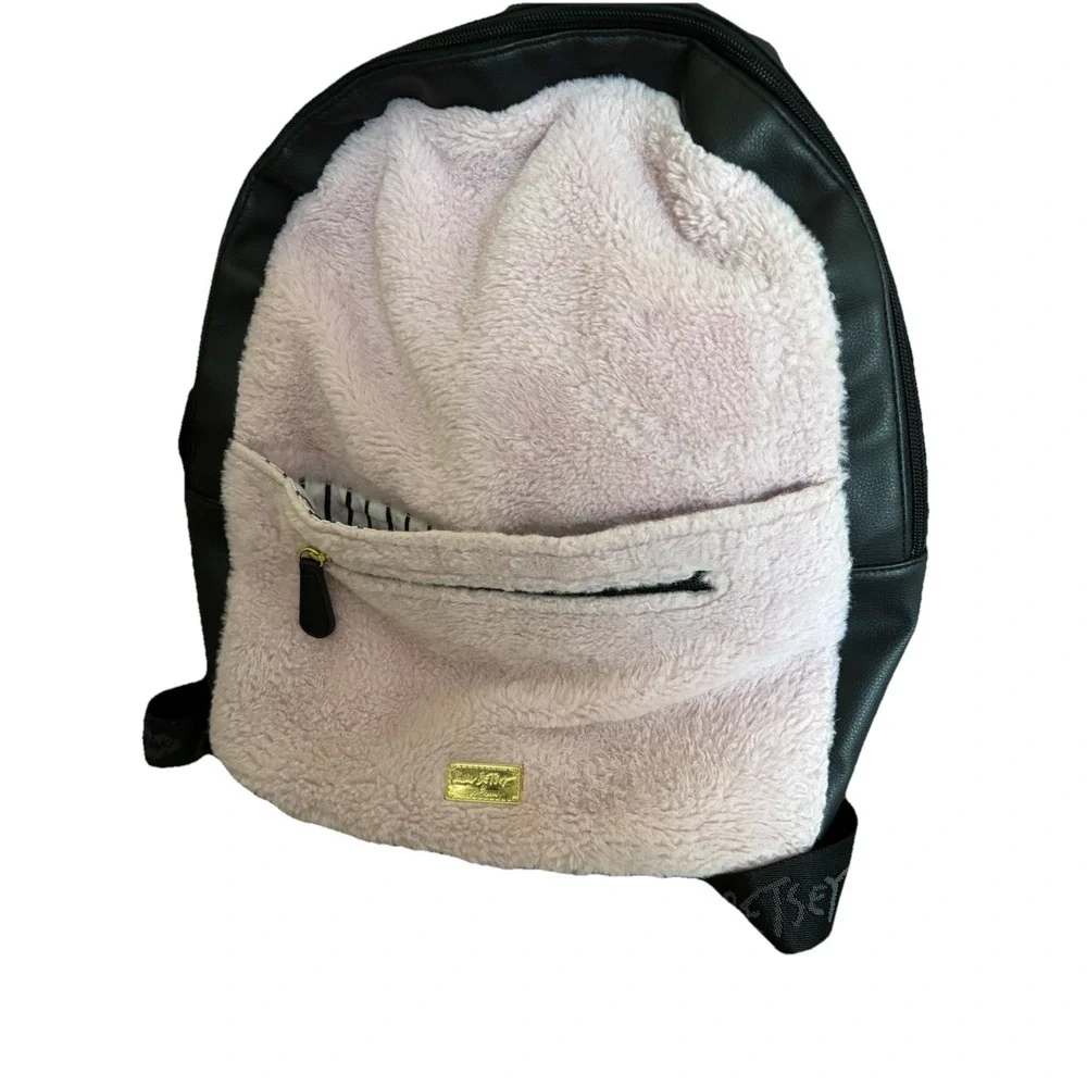 Betsey Johnson‎ Fuzzy Furry Hoodie Backpack bag School Soft Plush Pink Travel